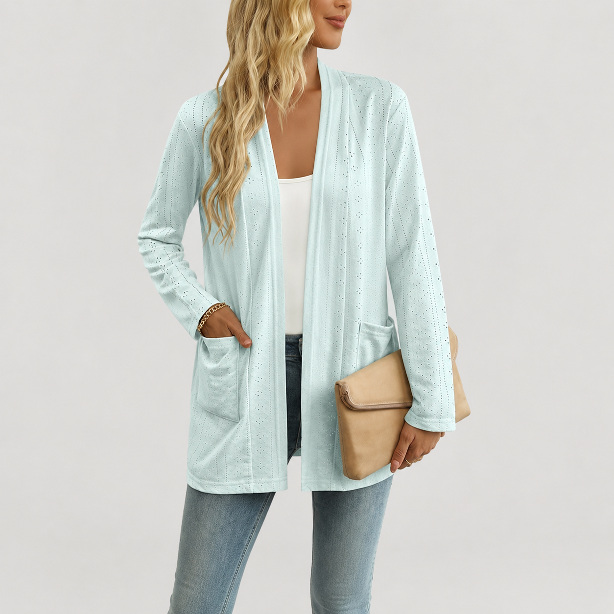 Casual Lightweight Open Front Long Sleeve Cardigan With Pockets For Women