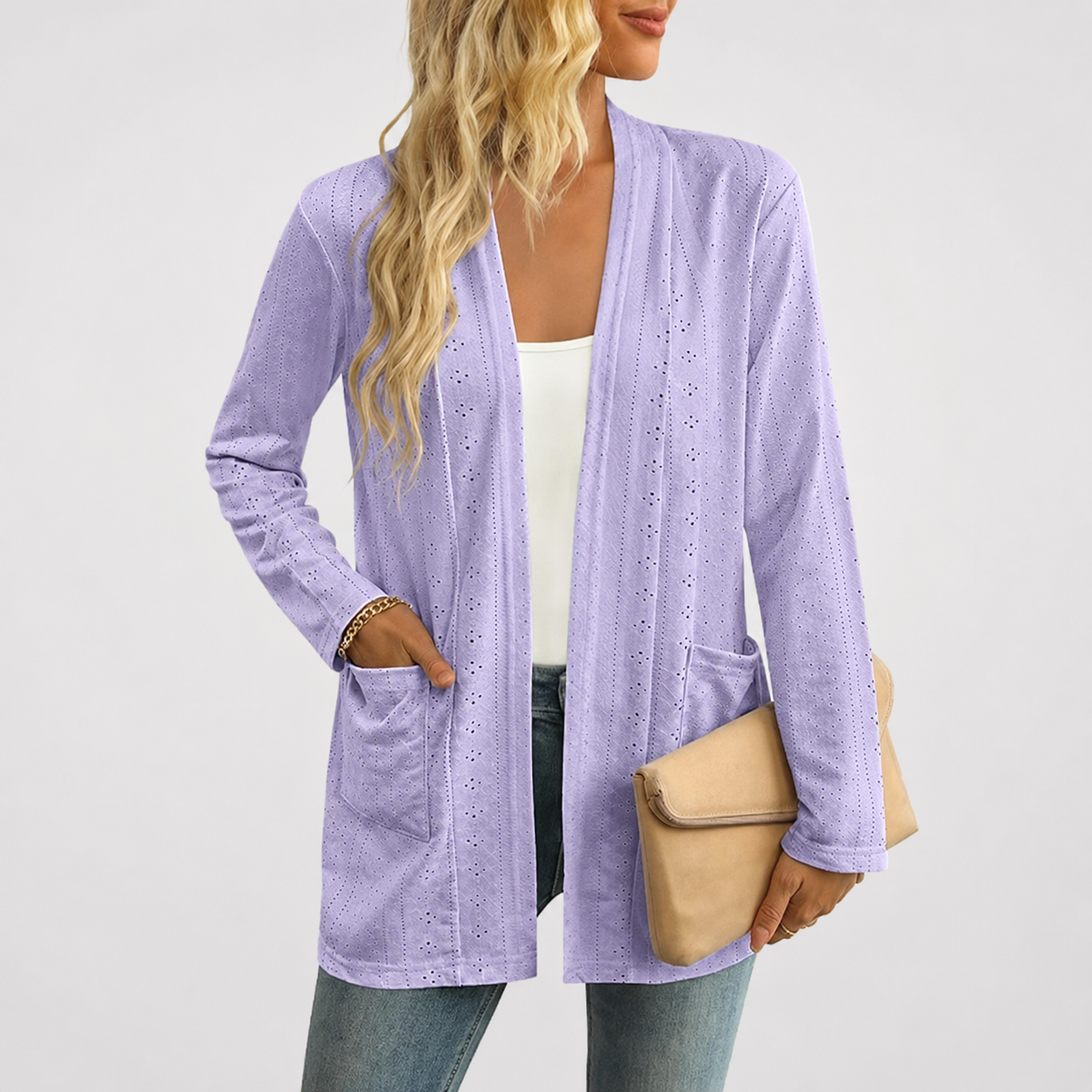 Casual Lightweight Open Front Long Sleeve Cardigan With Pockets For Women