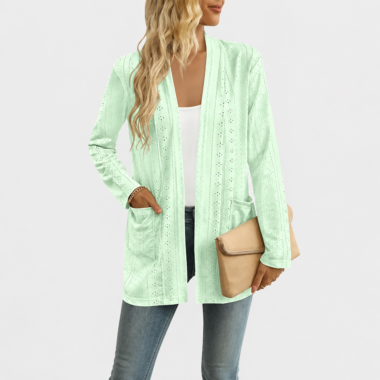 Casual Lightweight Open Front Long Sleeve Cardigan With Pockets For Women