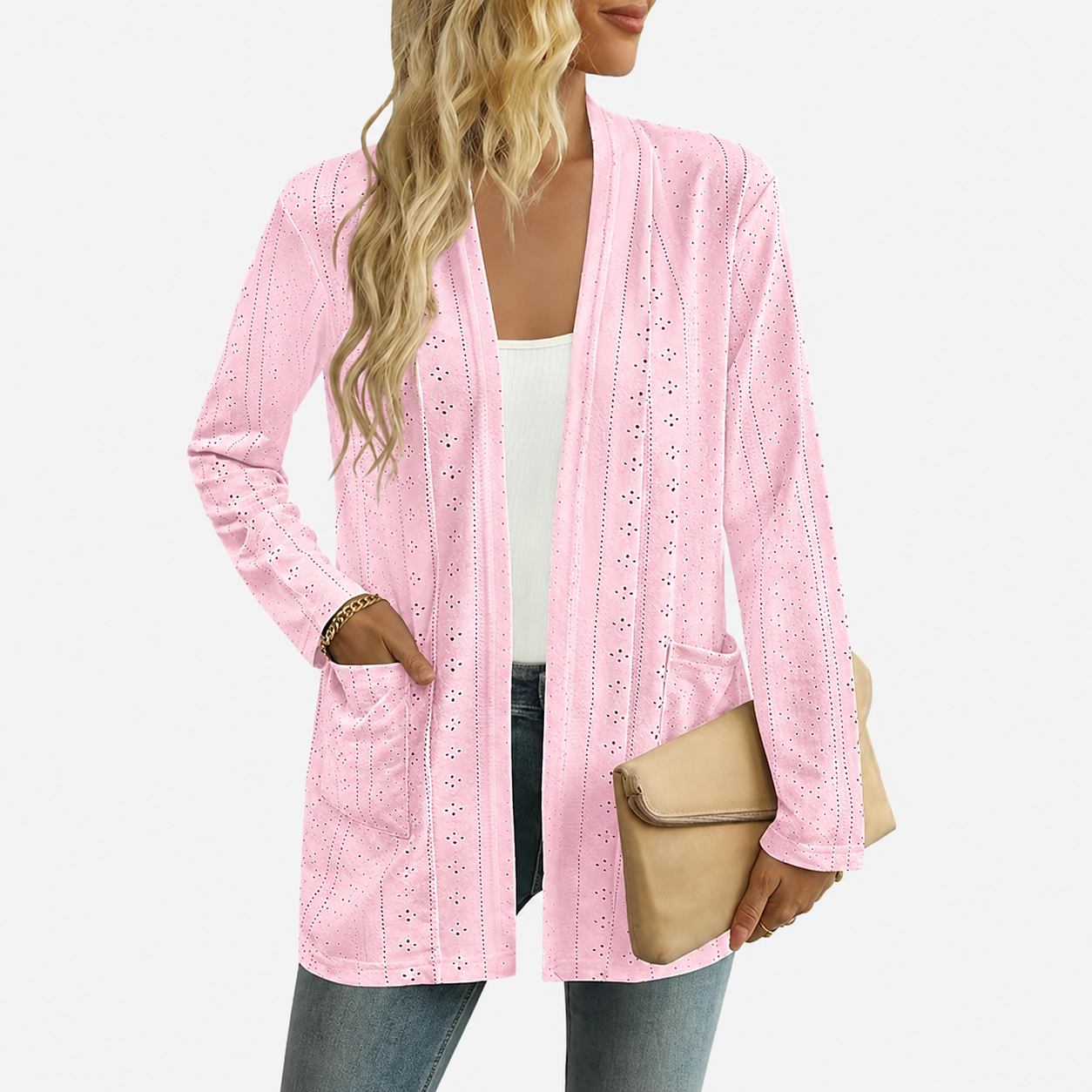 Casual Lightweight Open Front Long Sleeve Cardigan With Pockets For Women