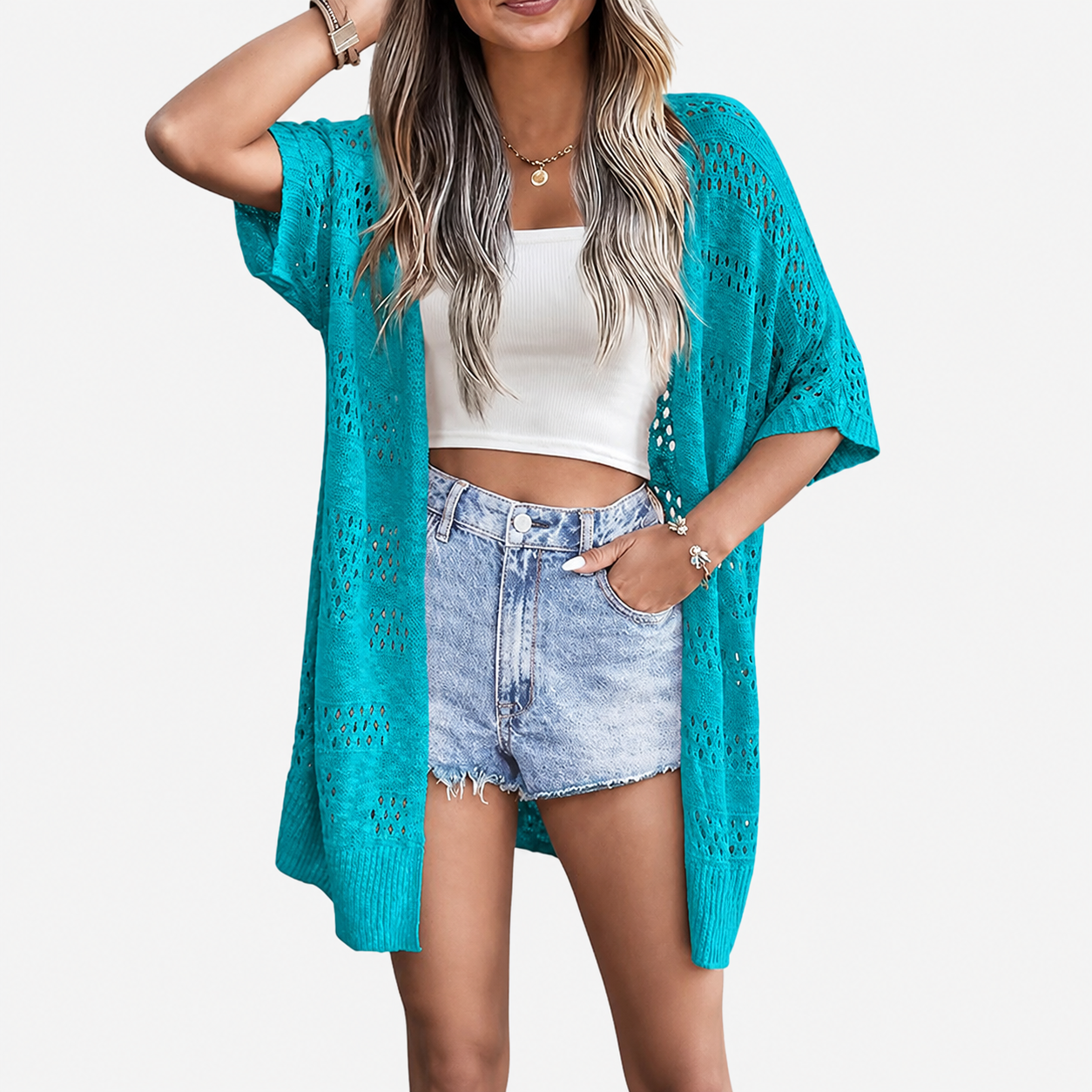 Lightweight Short Sleeve Crochet Knit Open Front Cardigan For Women