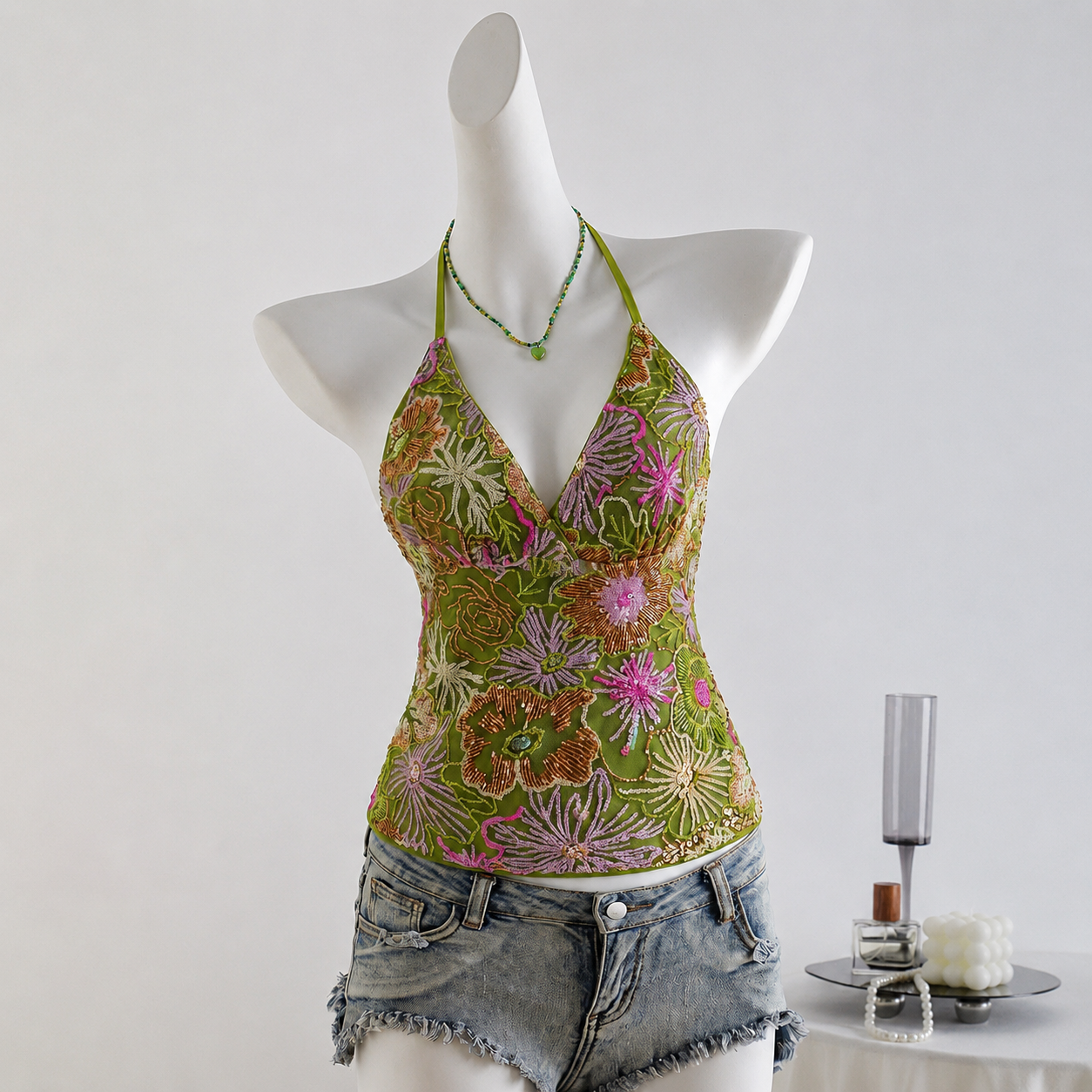 Backless Embroidery Beaded Camisole TOP For Women