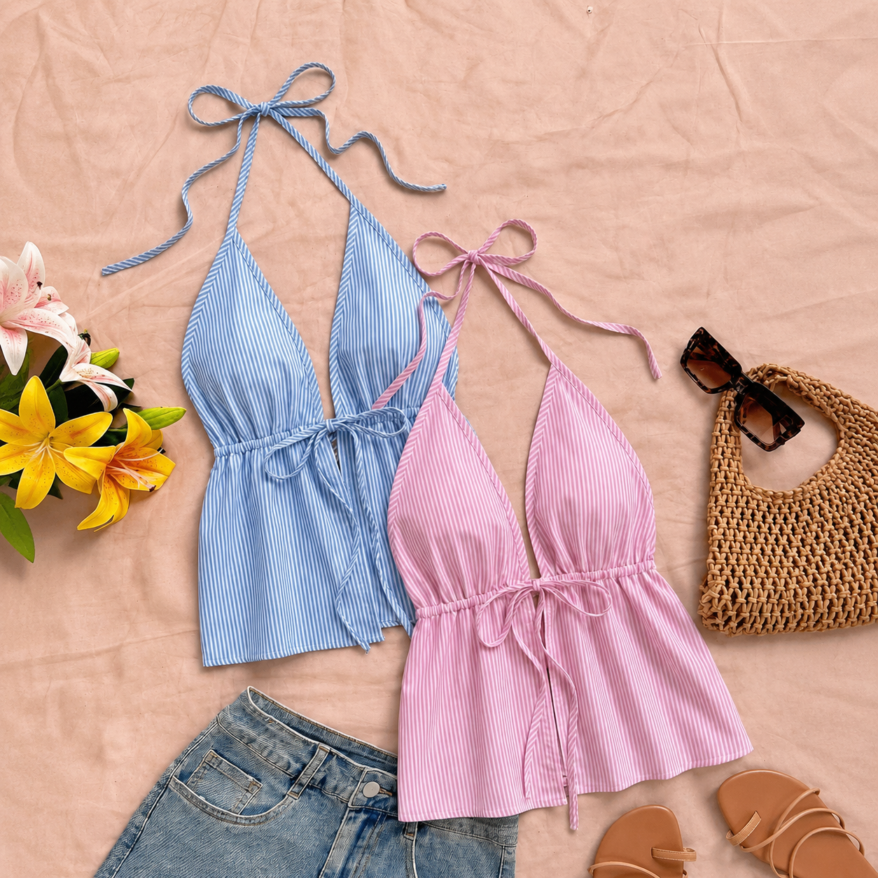 2 Pieces Halter Backless Camisole Boho Beach Top For Women