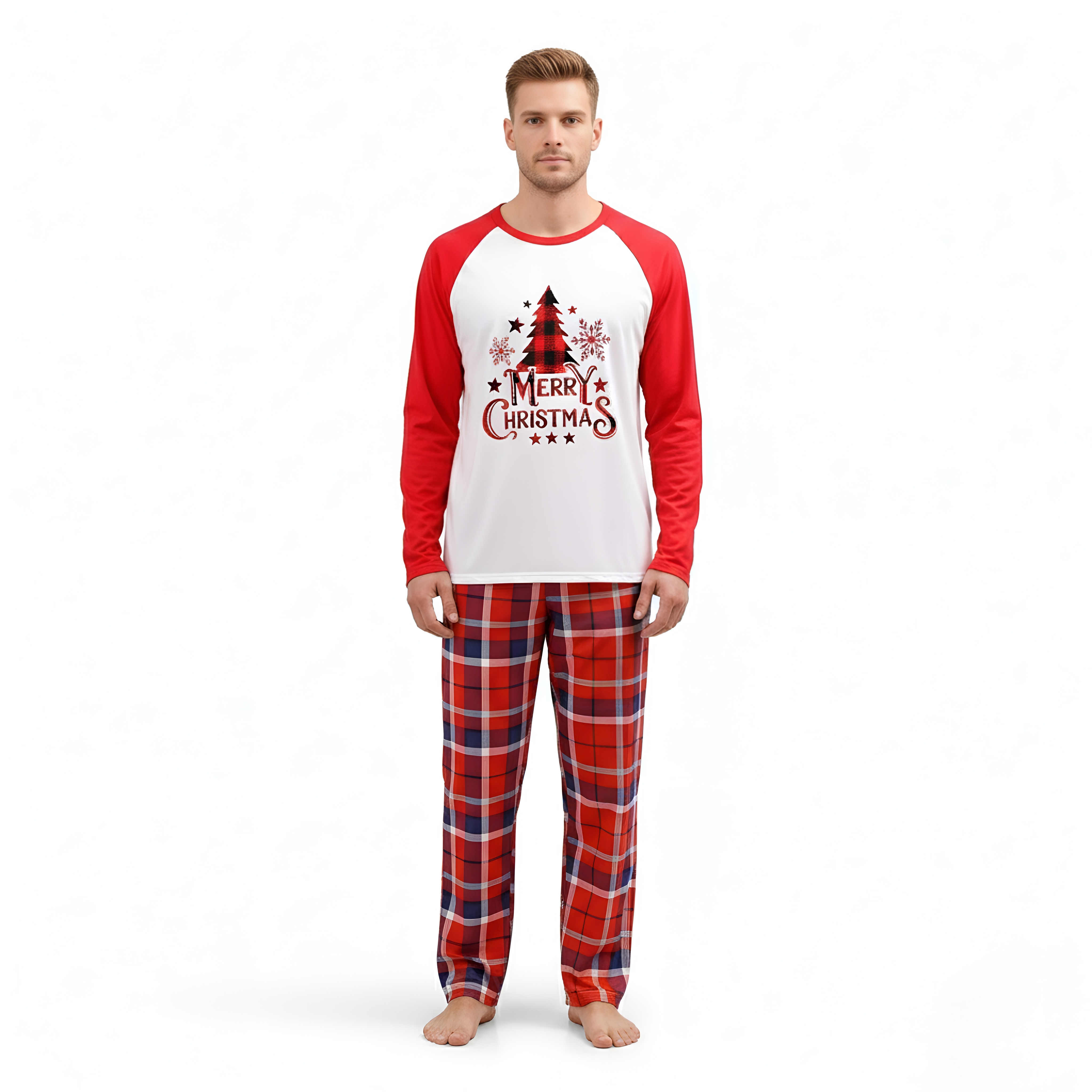 Christmas Tree Merry Christmas Printed Family Matching Plaid Pajama Set