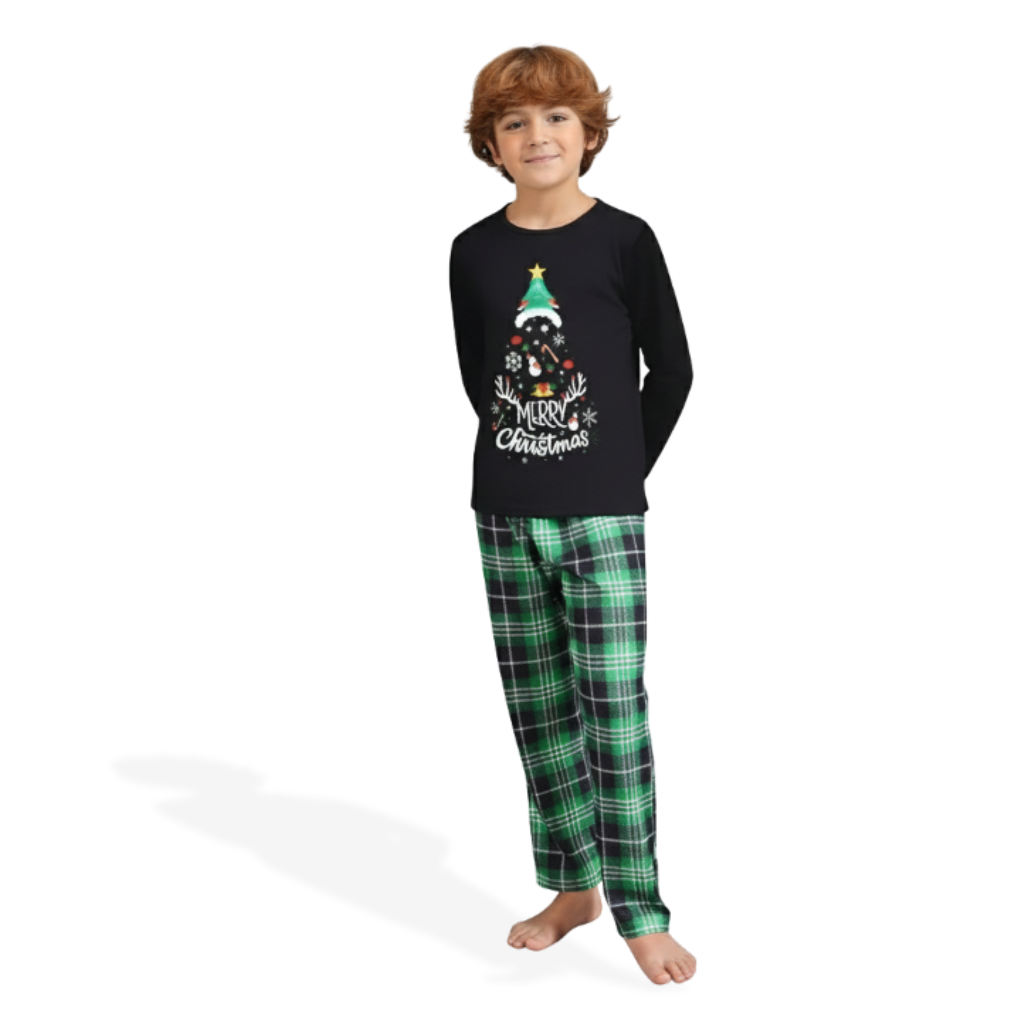 Merry Christmas Tree Print Plaid Pajama Set With Long Sleeve Tops And Loungewear