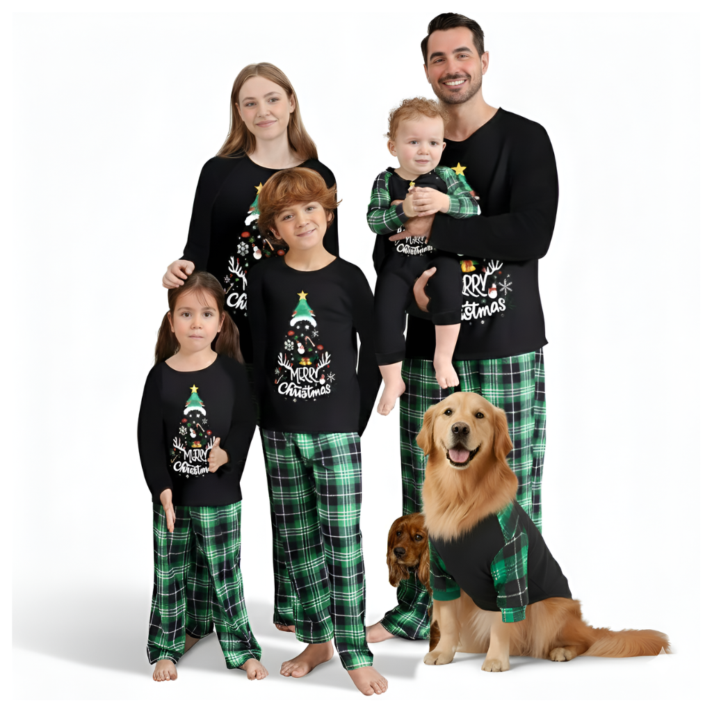 Merry Christmas Tree Print Plaid Pajama Set With Long Sleeve Tops And Loungewear