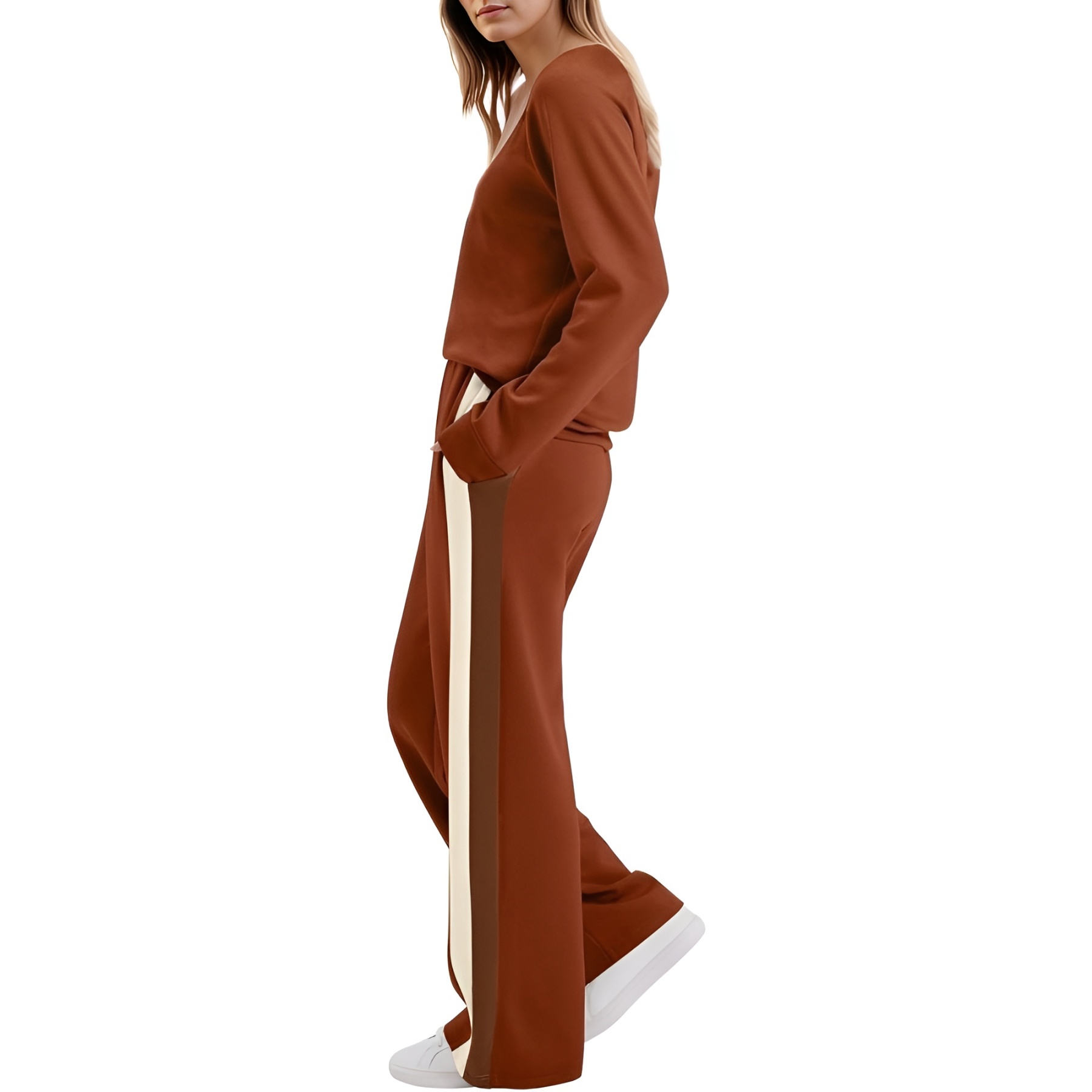 Two Piece Lounge Sweatsuit Set With Long Sleeve Top And Matching Pants For Women
