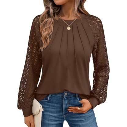 Long Sleeve Tops With Pleated Front And Lace Detail For Women