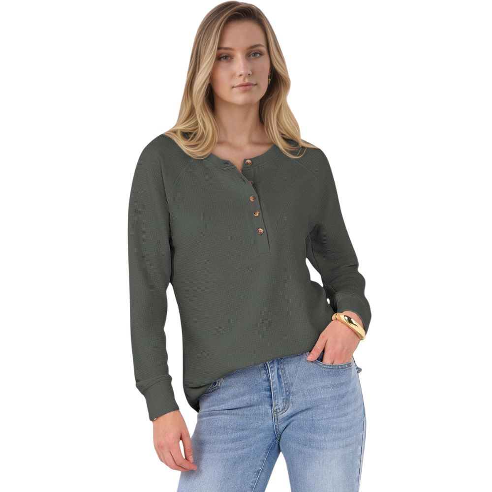 Women's Long Sleeve Waffle Knit Shirts Dressy Casual Loose Button Up V Neck