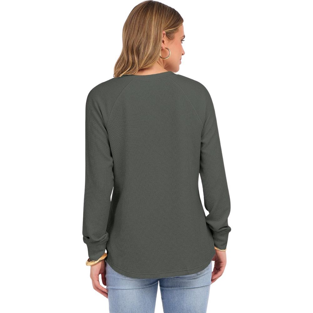 Women's Long Sleeve Waffle Knit Shirts Dressy Casual Loose Button Up V Neck