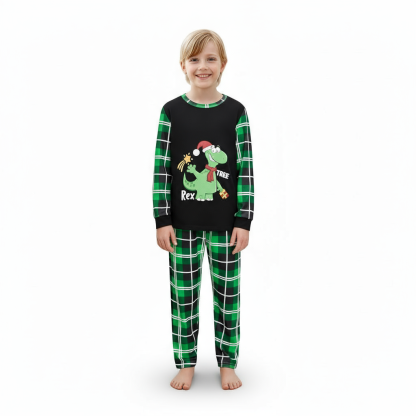 Dinosaur Rex Tree Printed Plaid Family Matching Christmas Pajama Set
