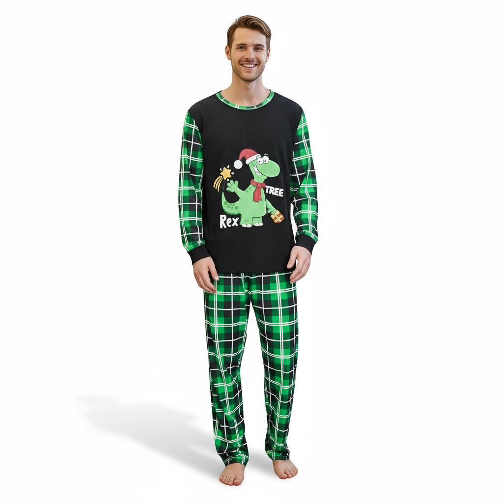 Dinosaur Rex Tree Printed Plaid Family Matching Christmas Pajama Set