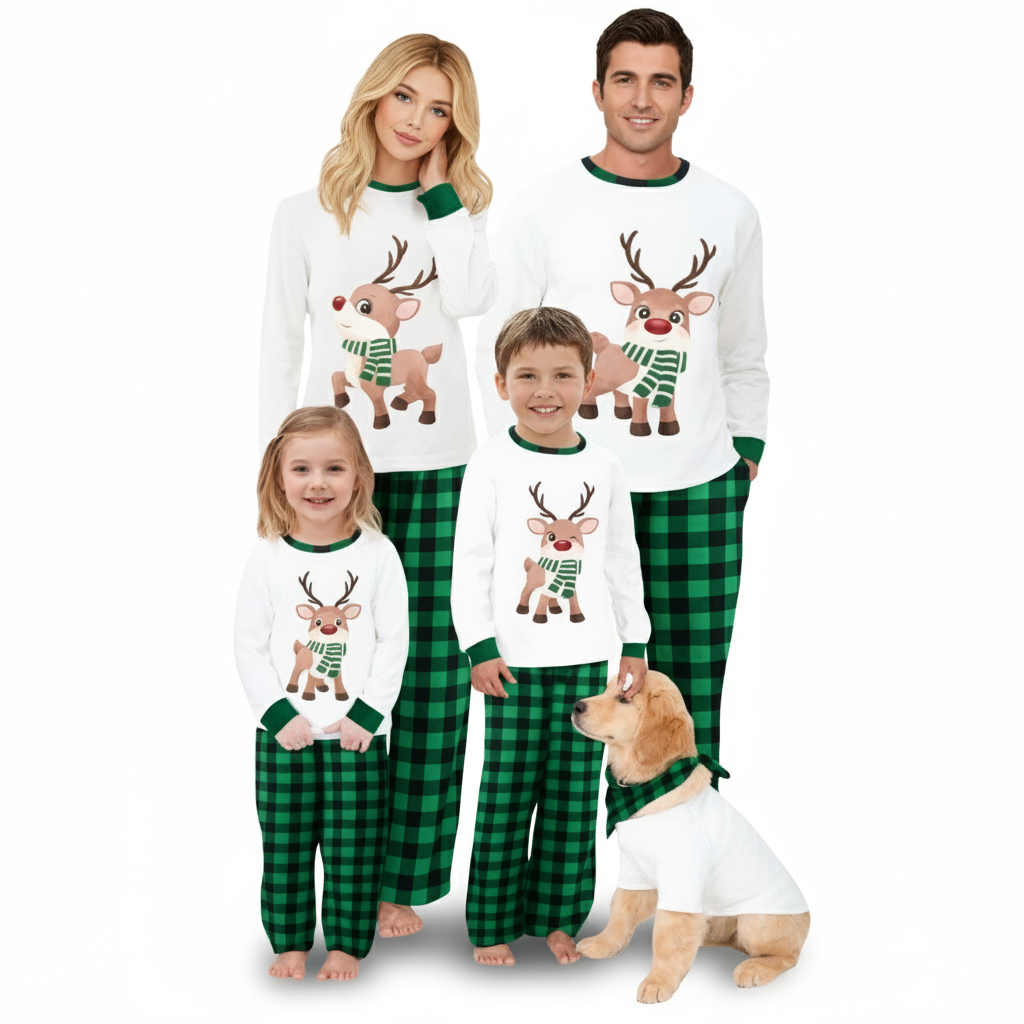 Reindeer Printed Family Matching Plaid Christmas Pajama Set