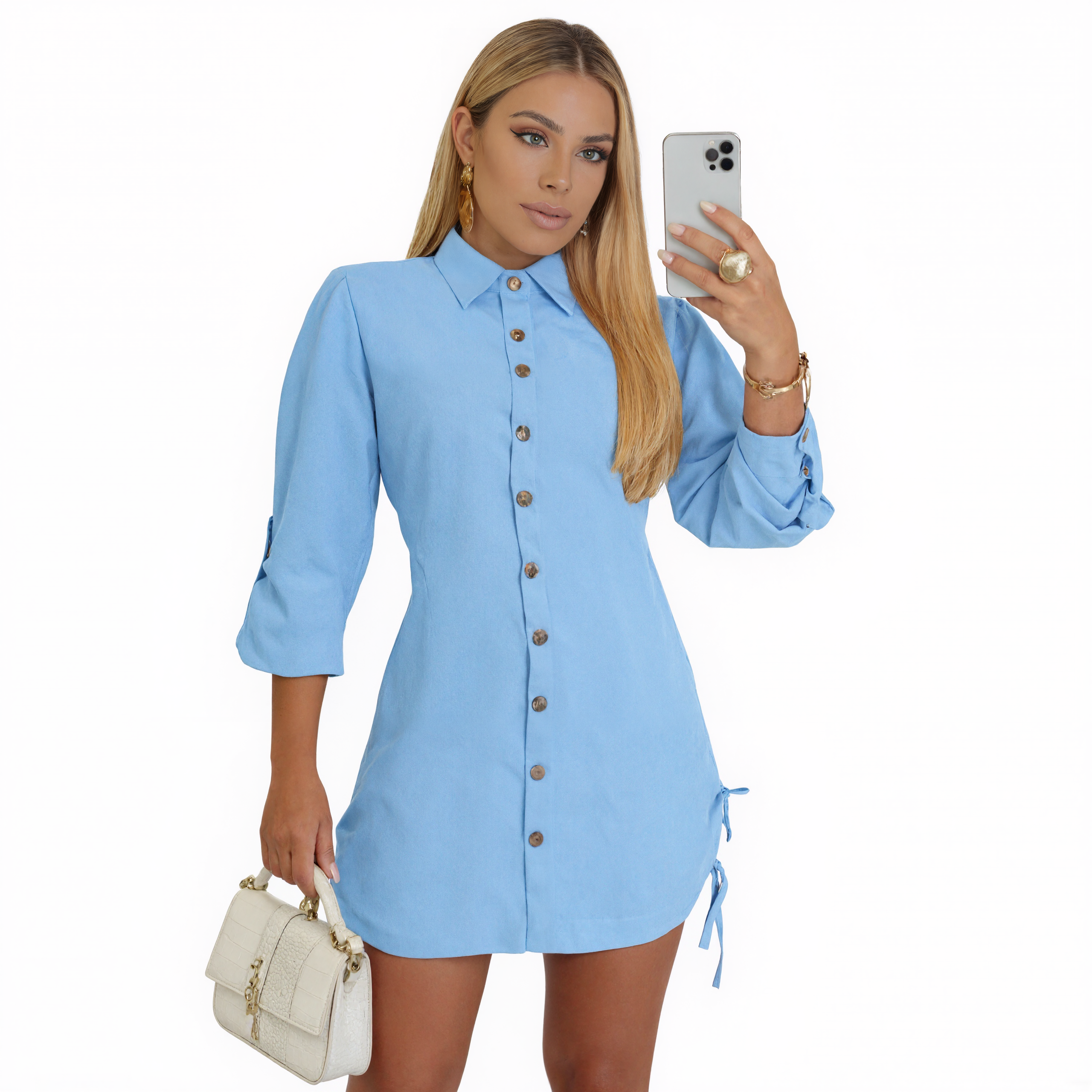 Women Button Down Shirt Dress With Roll Tab Sleeve