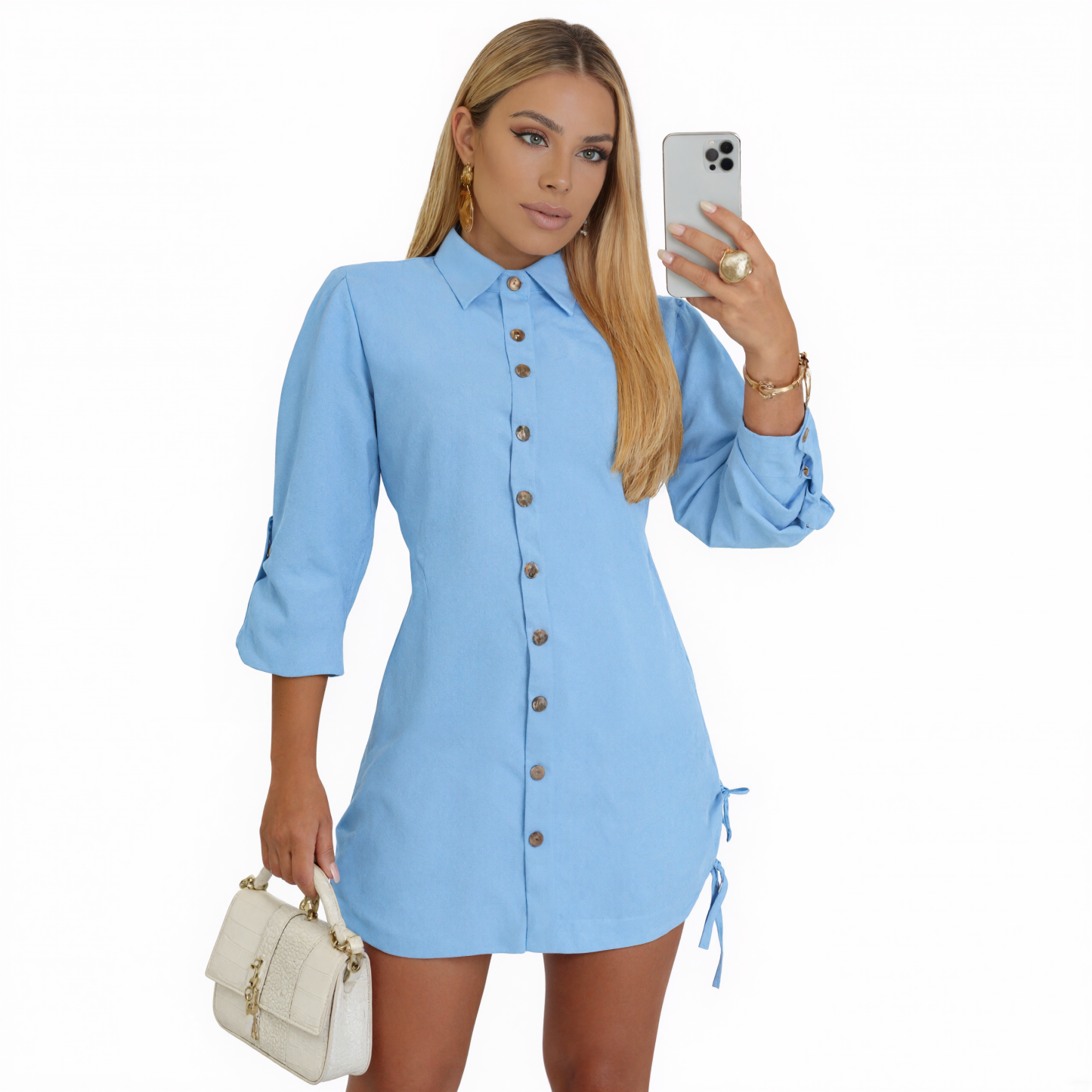 Women Button Down Shirt Dress With Roll Tab Sleeve