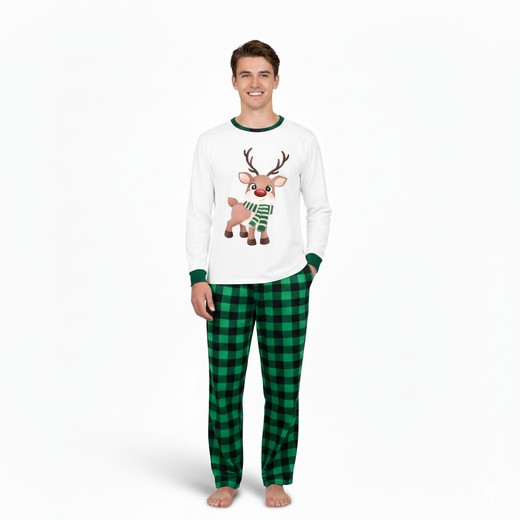 Reindeer Printed Family Matching Plaid Christmas Pajama Set