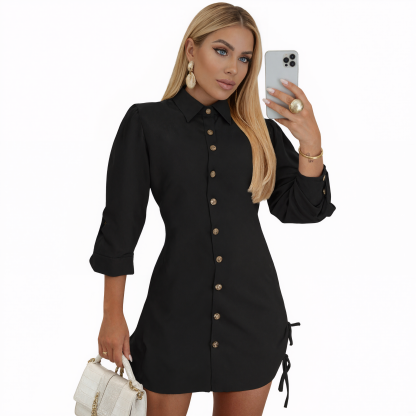 Women Button Down Shirt Dress With Roll Tab Sleeve