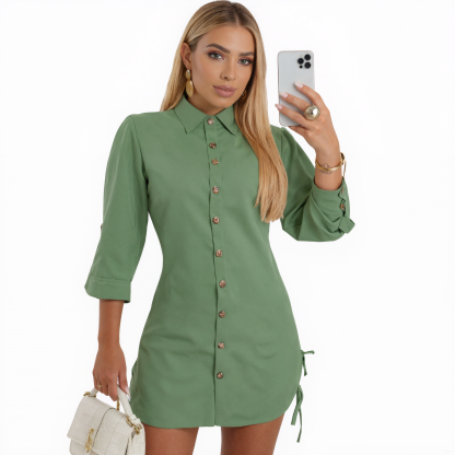 Women Button Down Shirt Dress With Roll Tab Sleeve