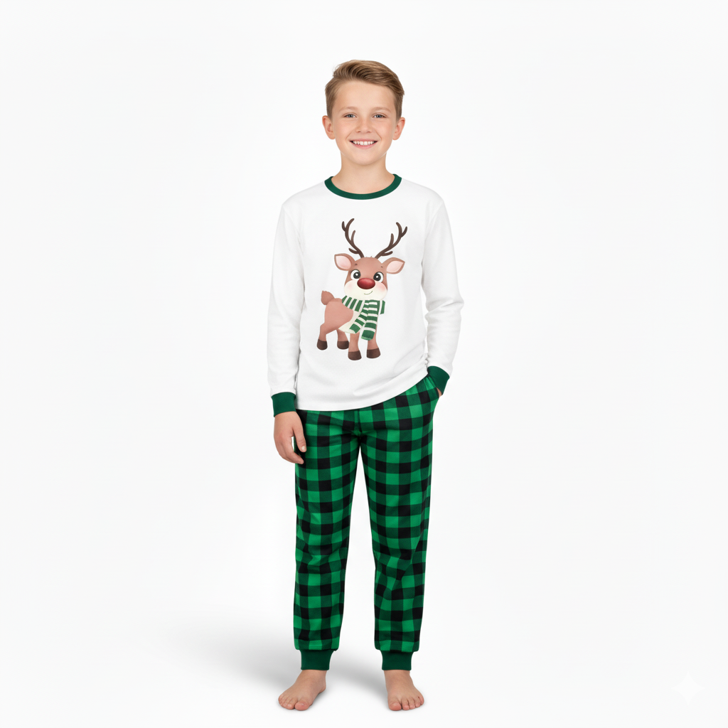 Reindeer Printed Family Matching Plaid Christmas Pajama Set