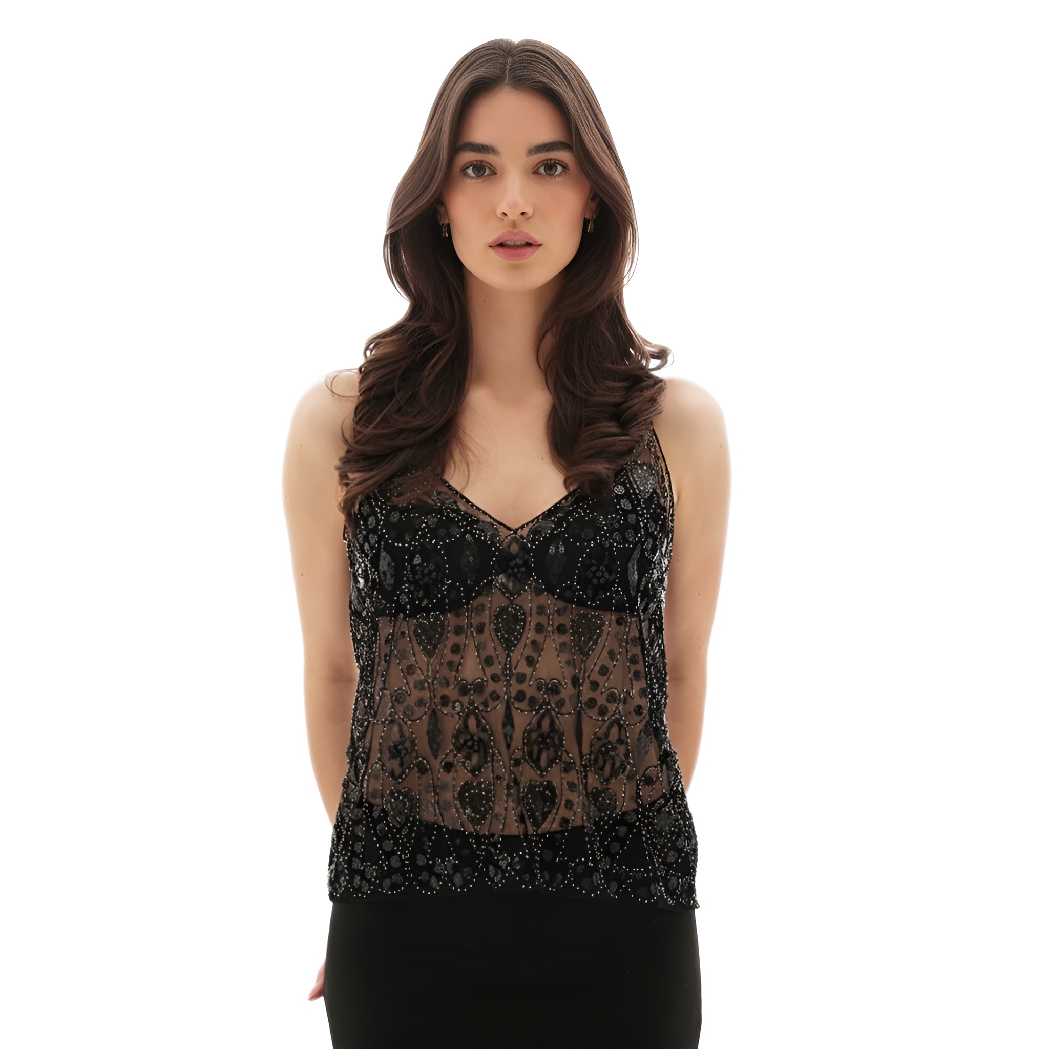 Embellished Sequin Mesh Camisole Top For Women