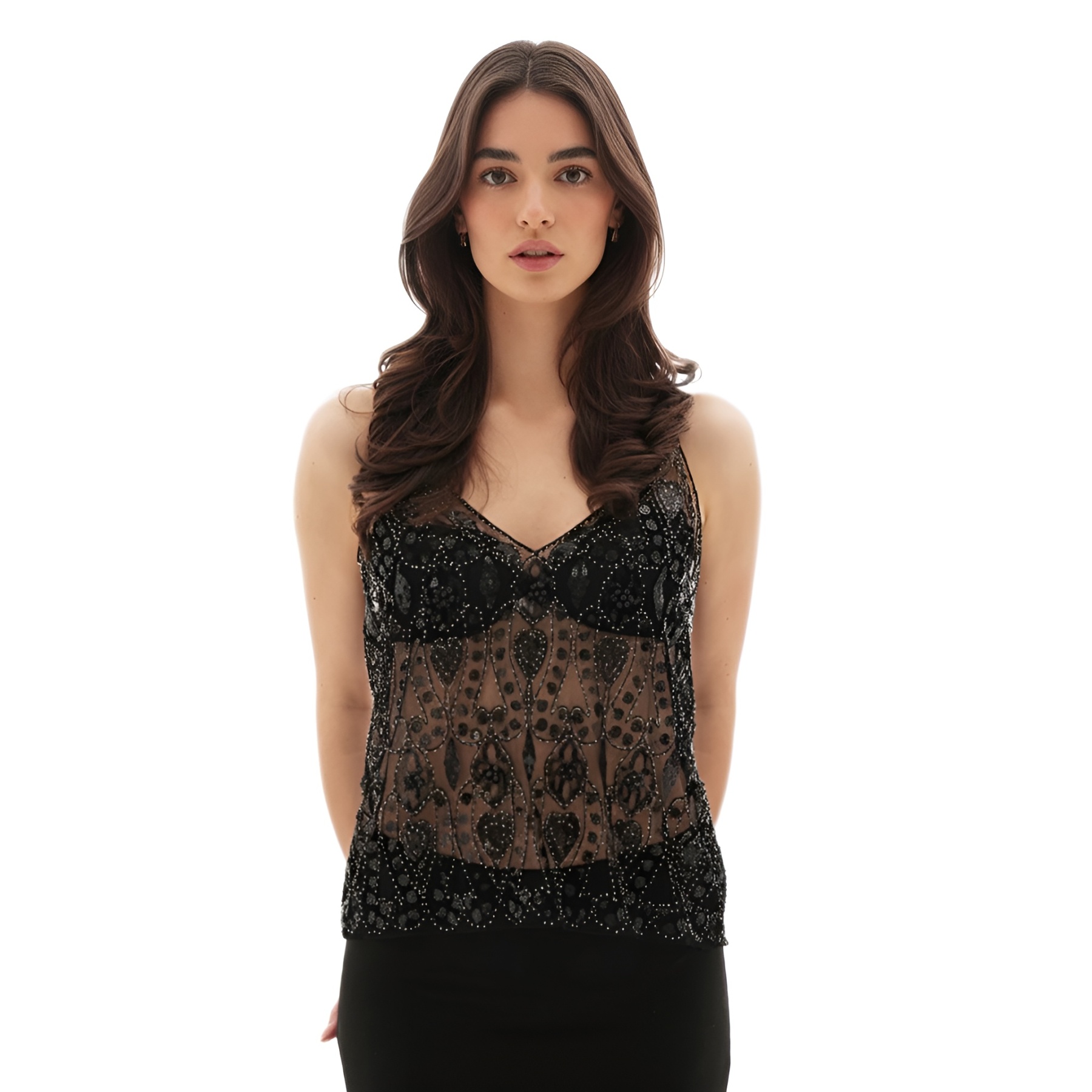 Embellished Sequin Mesh Camisole Top For Women