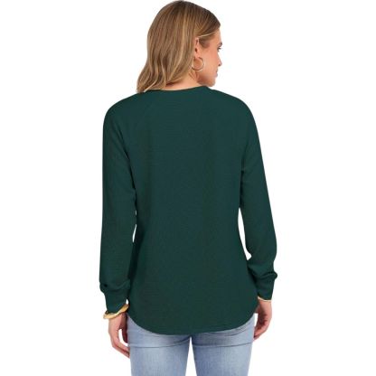 Women's Long Sleeve Waffle Knit Shirts Dressy Casual Loose Button Up V Neck