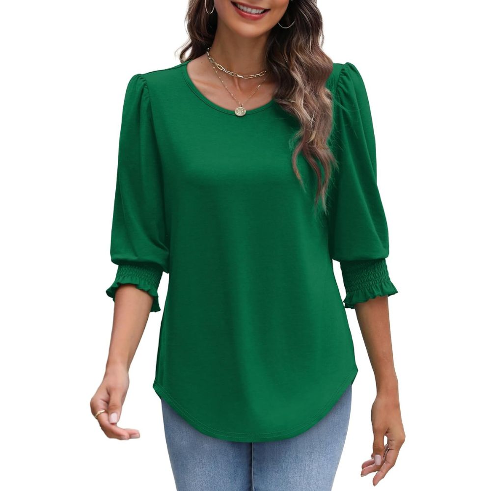 Dressy Casual 3/4 Length Sleeve Women's Tops with Smocked Cuffs