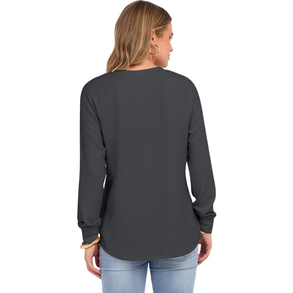 Women's Long Sleeve Waffle Knit Shirts Dressy Casual Loose Button Up V Neck