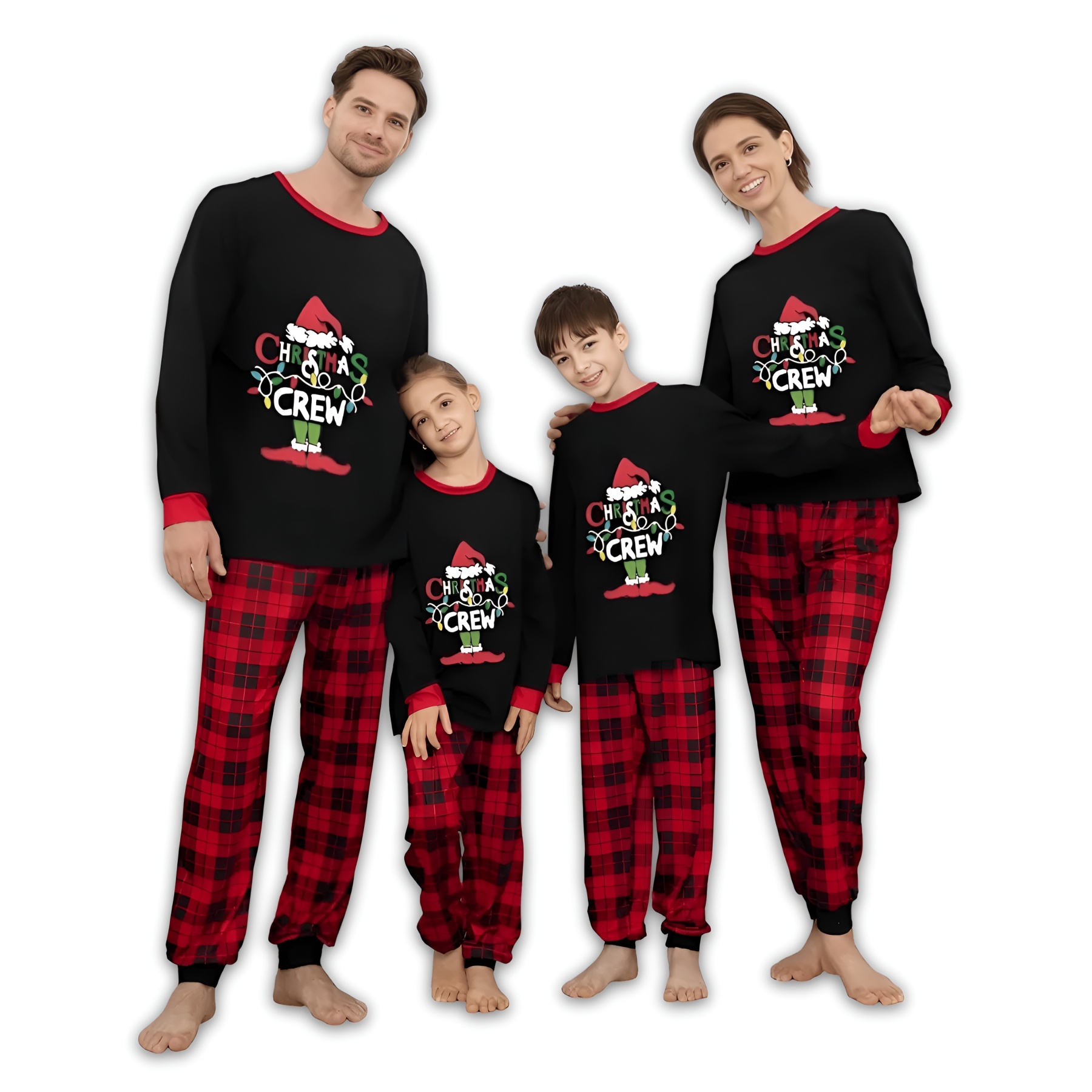 Hat And Elf Shoe Christmas Crew Printed Family Matching Plaid Pajama Set