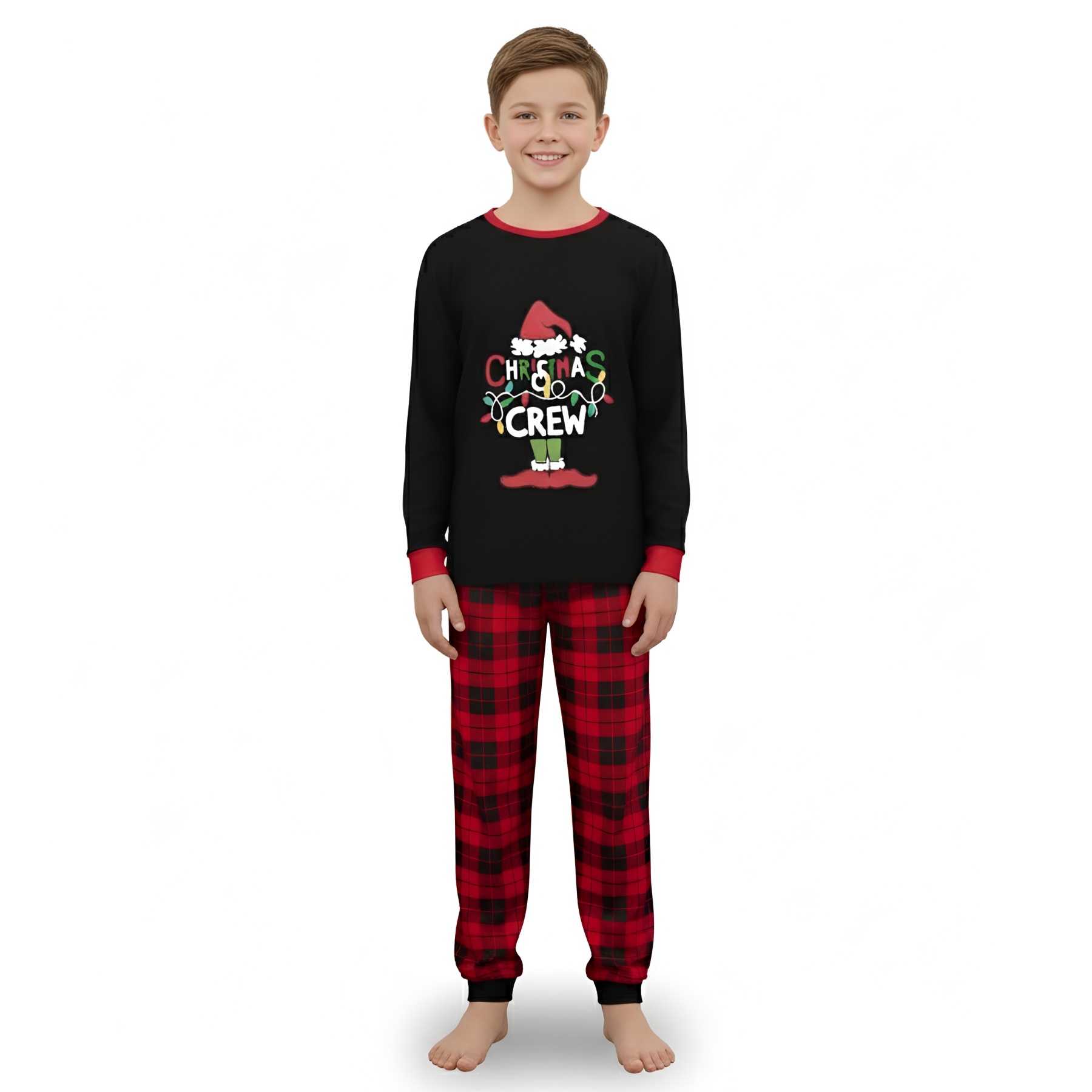 Hat And Elf Shoe Christmas Crew Printed Family Matching Plaid Pajama Set