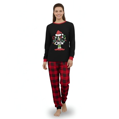 Hat And Elf Shoe Christmas Crew Printed Family Matching Plaid Pajama Set