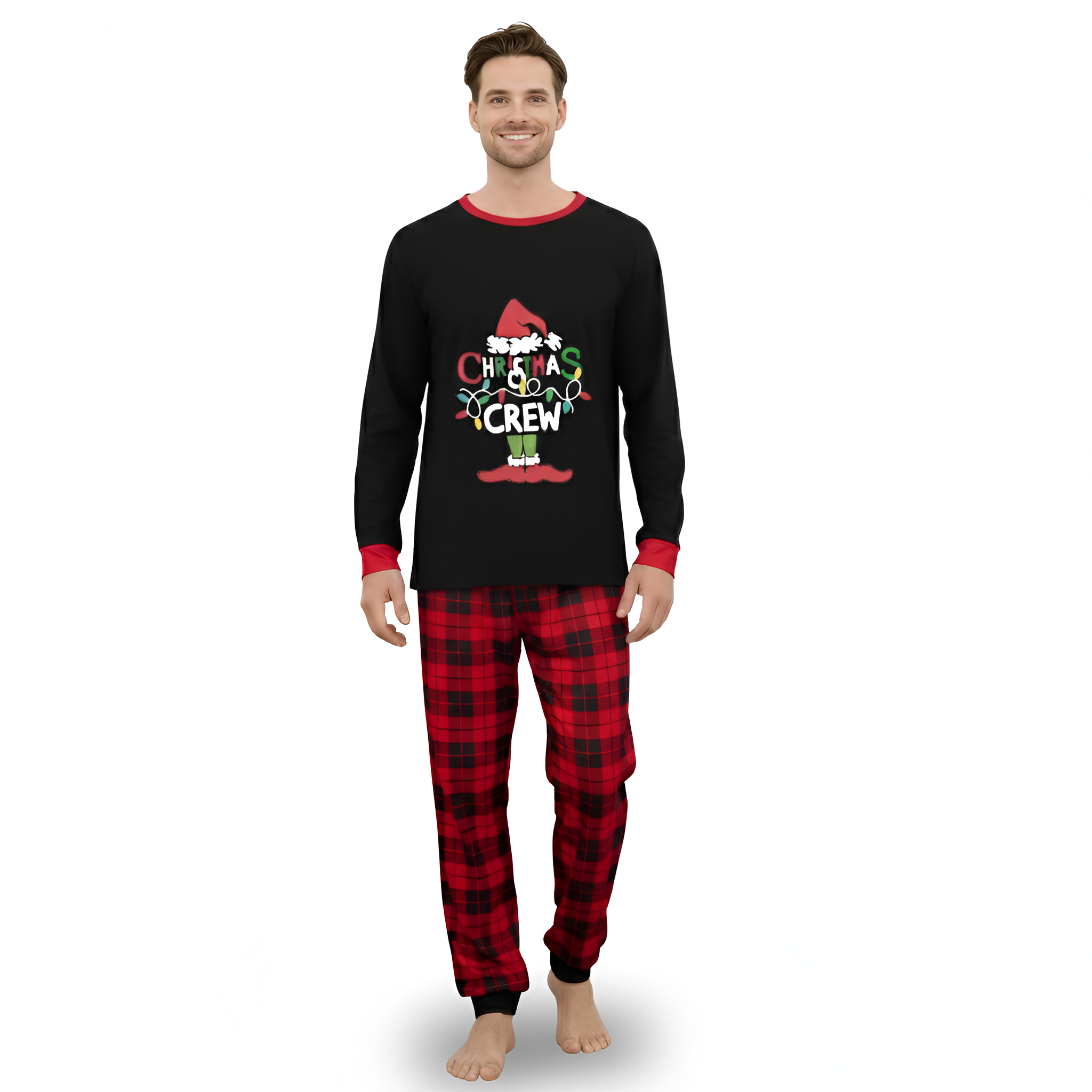 Hat And Elf Shoe Christmas Crew Printed Family Matching Plaid Pajama Set