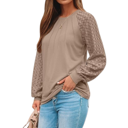 Long Sleeve Tops With Pleated Front And Lace Detail For Women