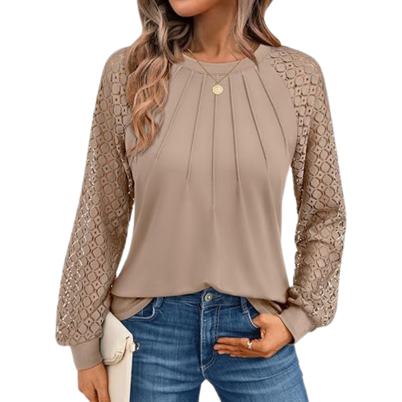 Long Sleeve Tops With Pleated Front And Lace Detail For Women