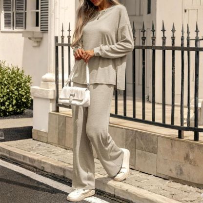 Womens Lounge Set 2025 Fall 2 Piece Outfits Long Sleeve Tops Wide Leg Long Pants