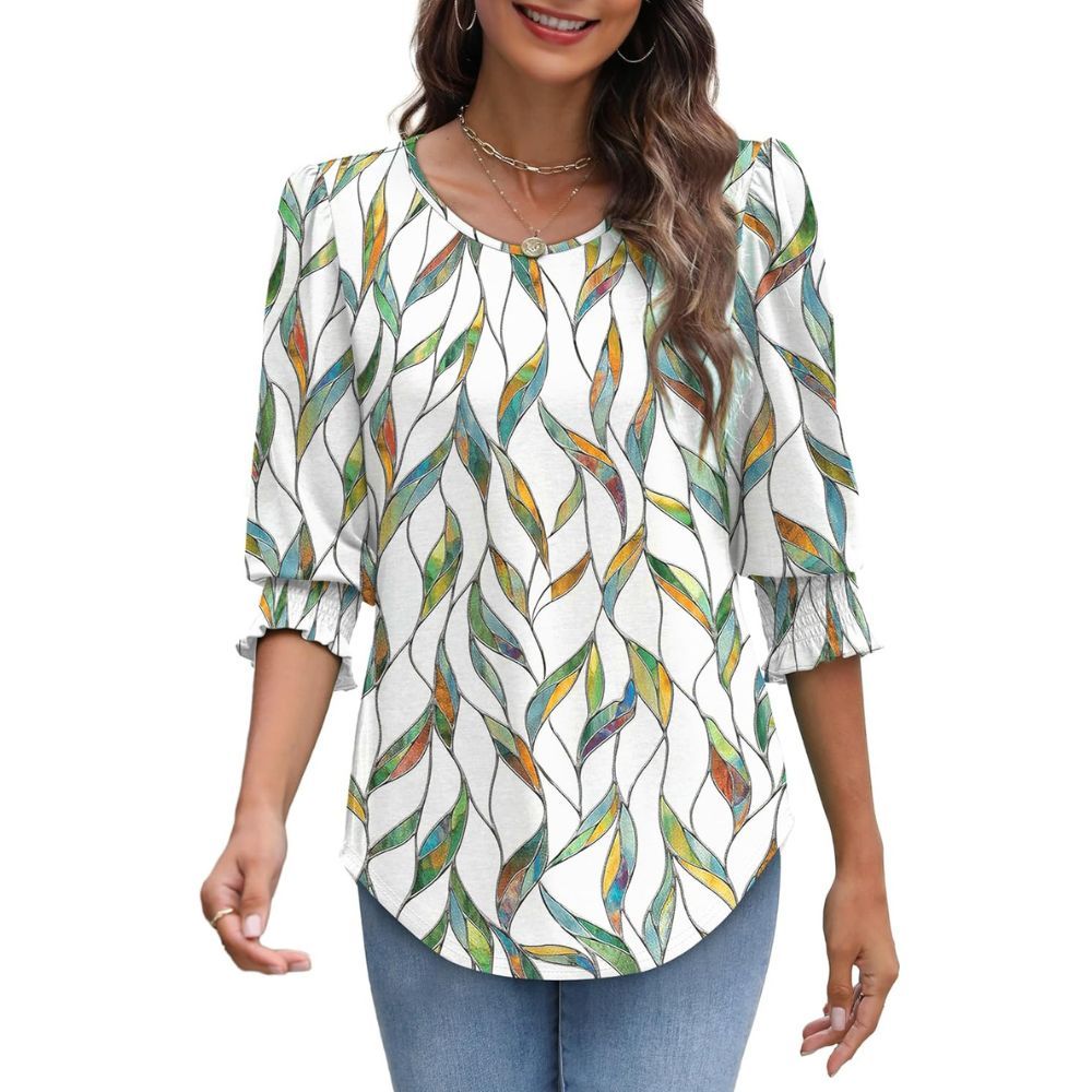 Dressy Casual 3/4 Length Sleeve Women's Tops with Smocked Cuffs