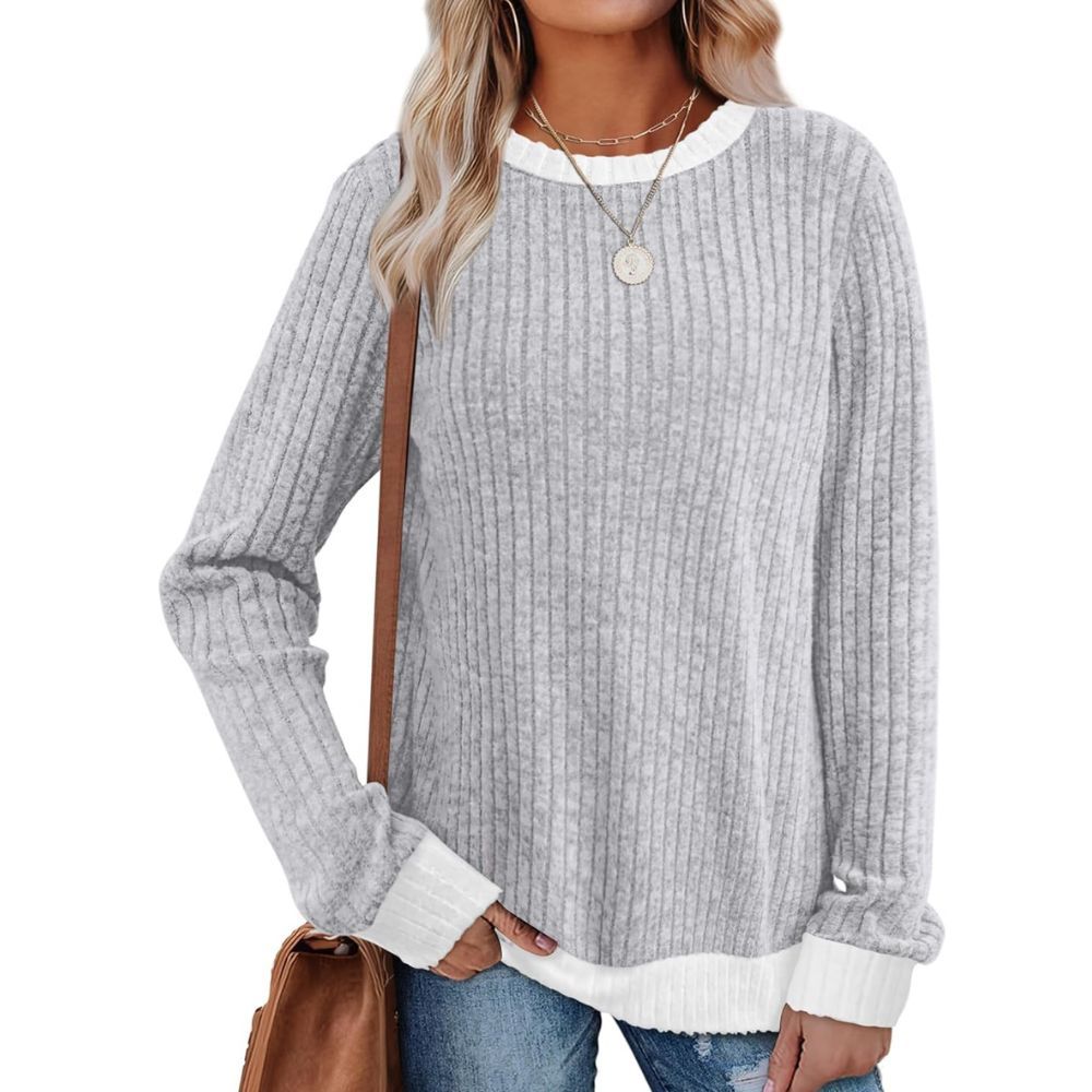 Tops Long Sleeve Shirts Lightweight Sweaters Loose Fit Crewneck Color Block