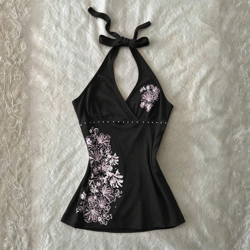 Polka Dot Digital Print Halter Neck Tie Back Tank Tops