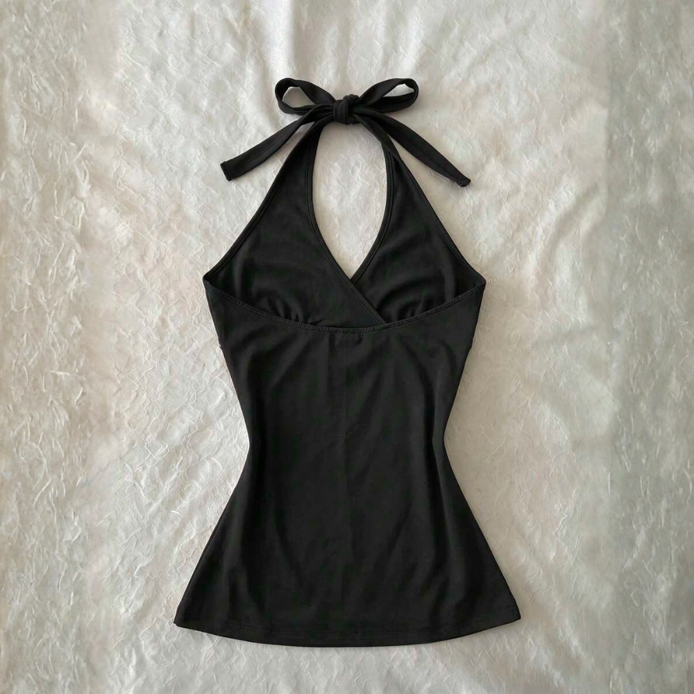 Polka Dot Digital Print Halter Neck Tie Back Tank Tops