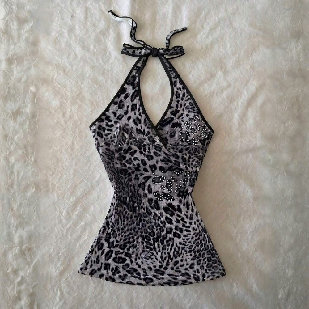 Polka Dot Digital Print Halter Neck Tie Back Tank Tops