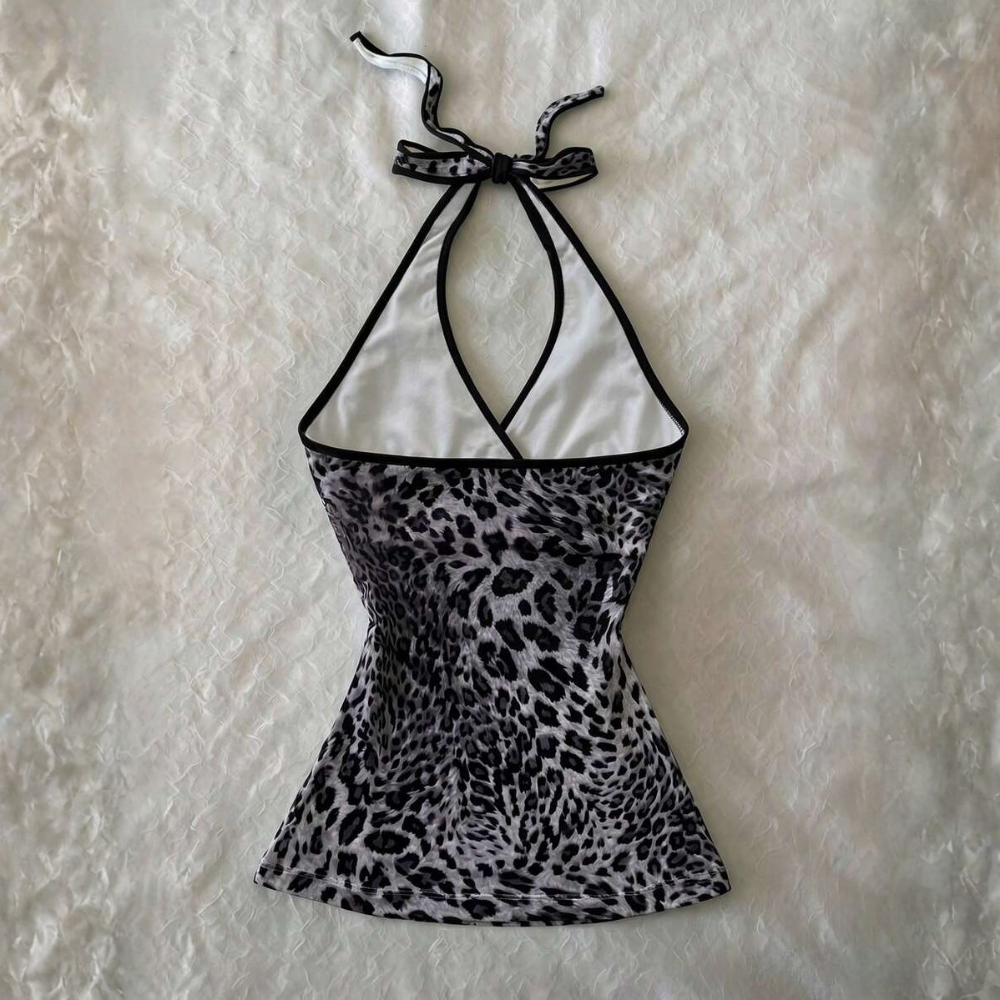 Polka Dot Digital Print Halter Neck Tie Back Tank Tops