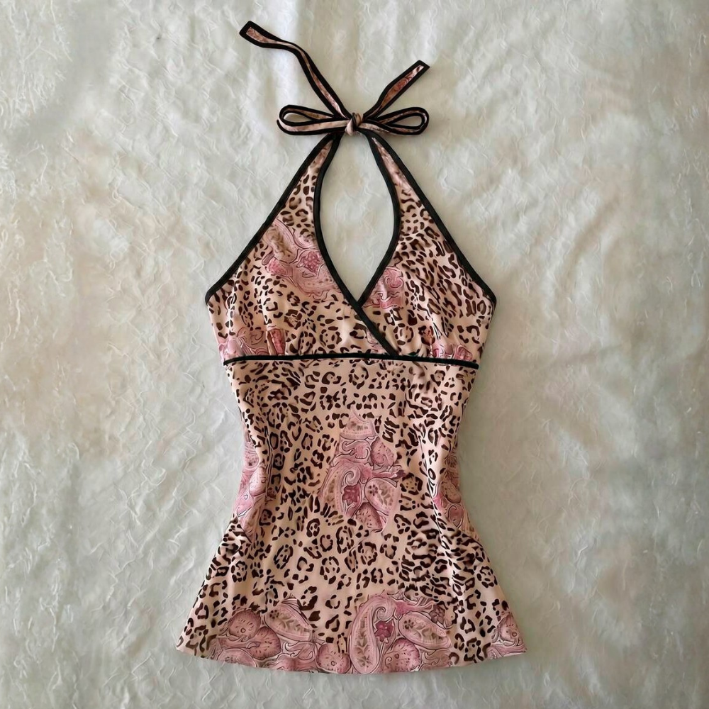 Polka Dot Digital Print Halter Neck Tie Back Tank Tops
