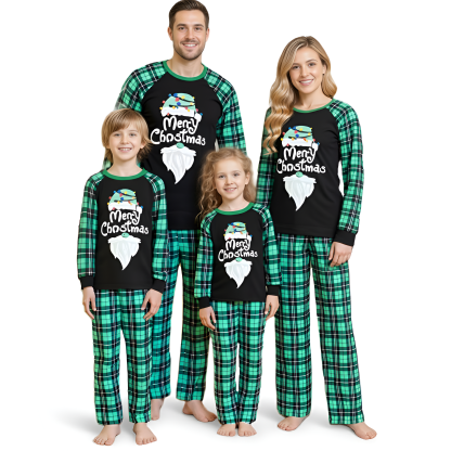 Merry Christmas Graphic Green Plaid Family Matching Pajama Sets