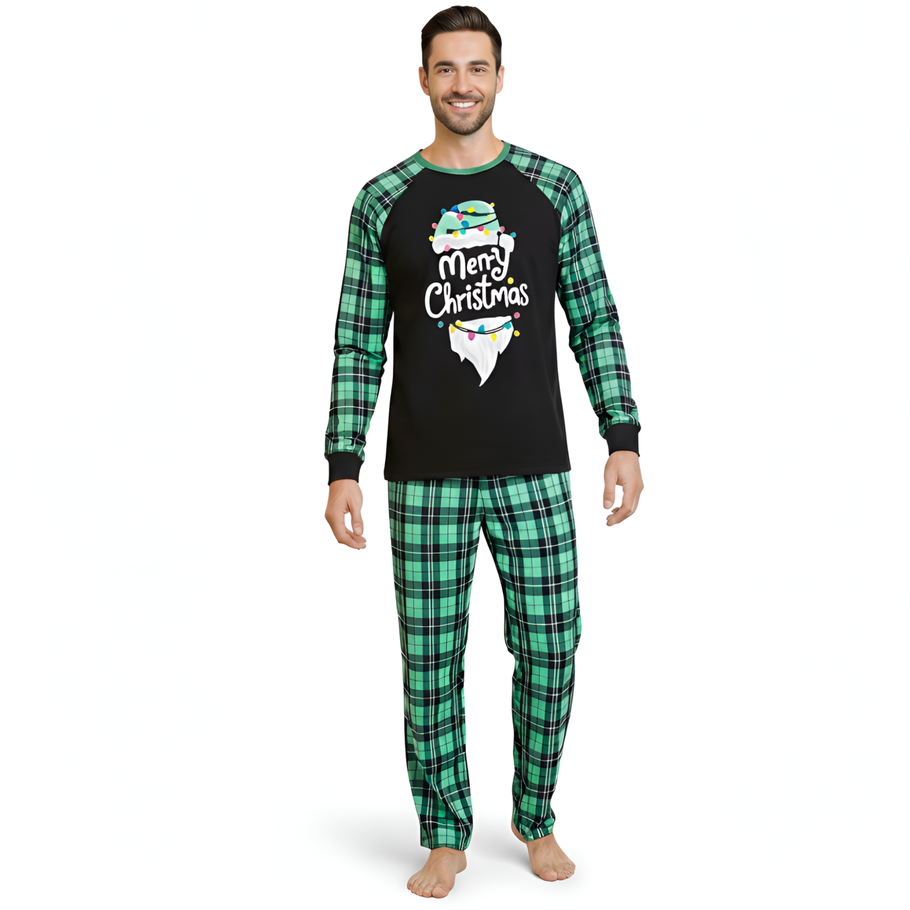 Merry Christmas Graphic Green Plaid Family Matching Pajama Sets