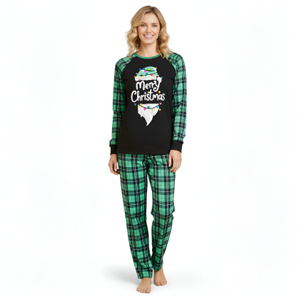 Merry Christmas Graphic Green Plaid Family Matching Pajama Sets
