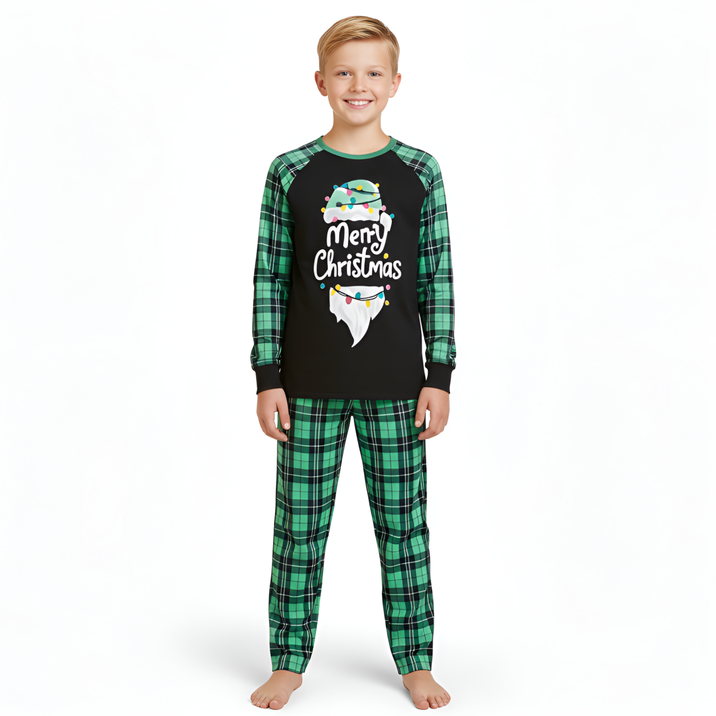 Merry Christmas Graphic Green Plaid Family Matching Pajama Sets