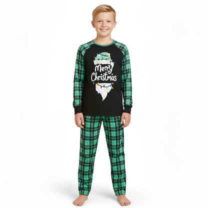 Merry Christmas Graphic Green Plaid Family Matching Pajama Sets