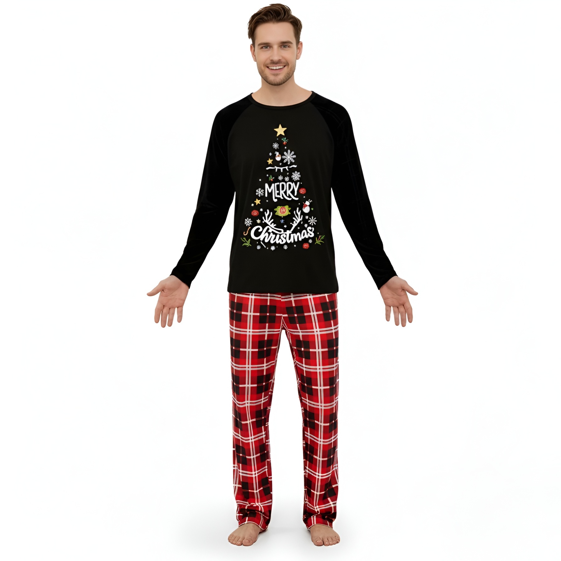 Merry Christmas Tree Printed Family Matching Plaid Pajama Set