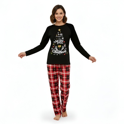Merry Christmas Tree Printed Family Matching Plaid Pajama Set
