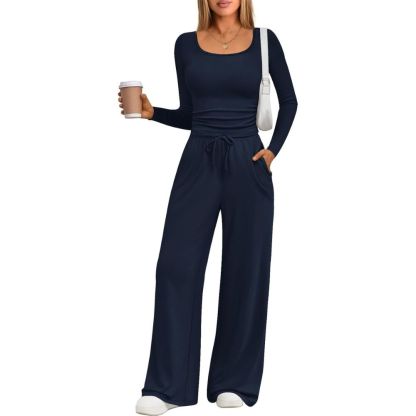 2 Piece Scoop Neck Lounge Set Womens Wide Leg Pants Side Ruching Slightly Crop Top